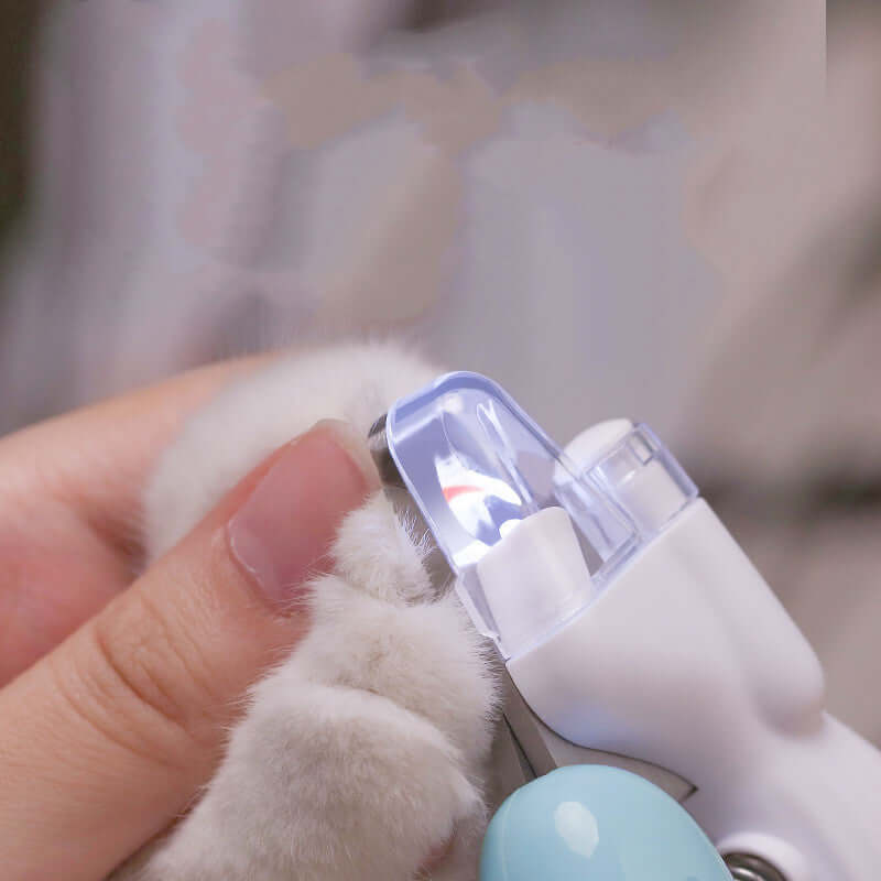 LED Pet Nail Clippers trimming a cat's nail with light on