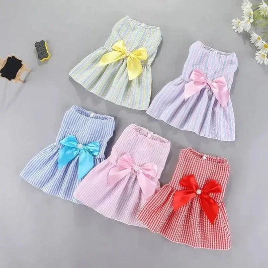 Bow-Knot Pet Skirt dressed on a small dog outdoors in spring