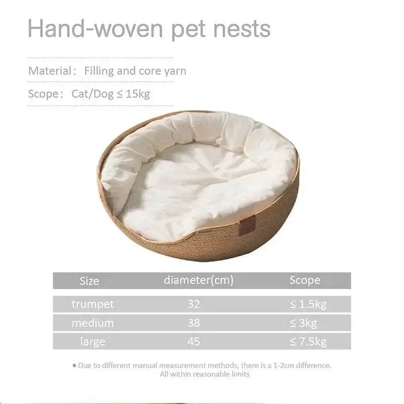 Cozy Nest Cat Bed with bamboo weave pattern on wooden floor