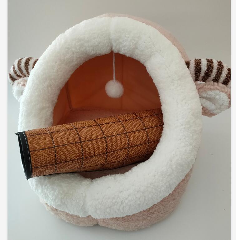 Foldable cat bed cave in soft PP cotton with a tabby kitten sleeping inside