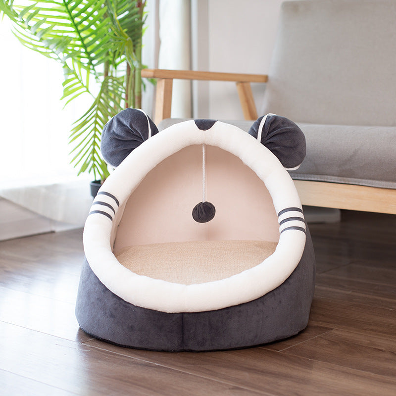 Foldable cat bed cave in soft PP cotton with a tabby kitten sleeping inside