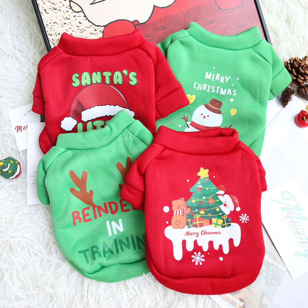 Dog Christmas crew neck sweater in red with Christmas tree design worn by a small dog