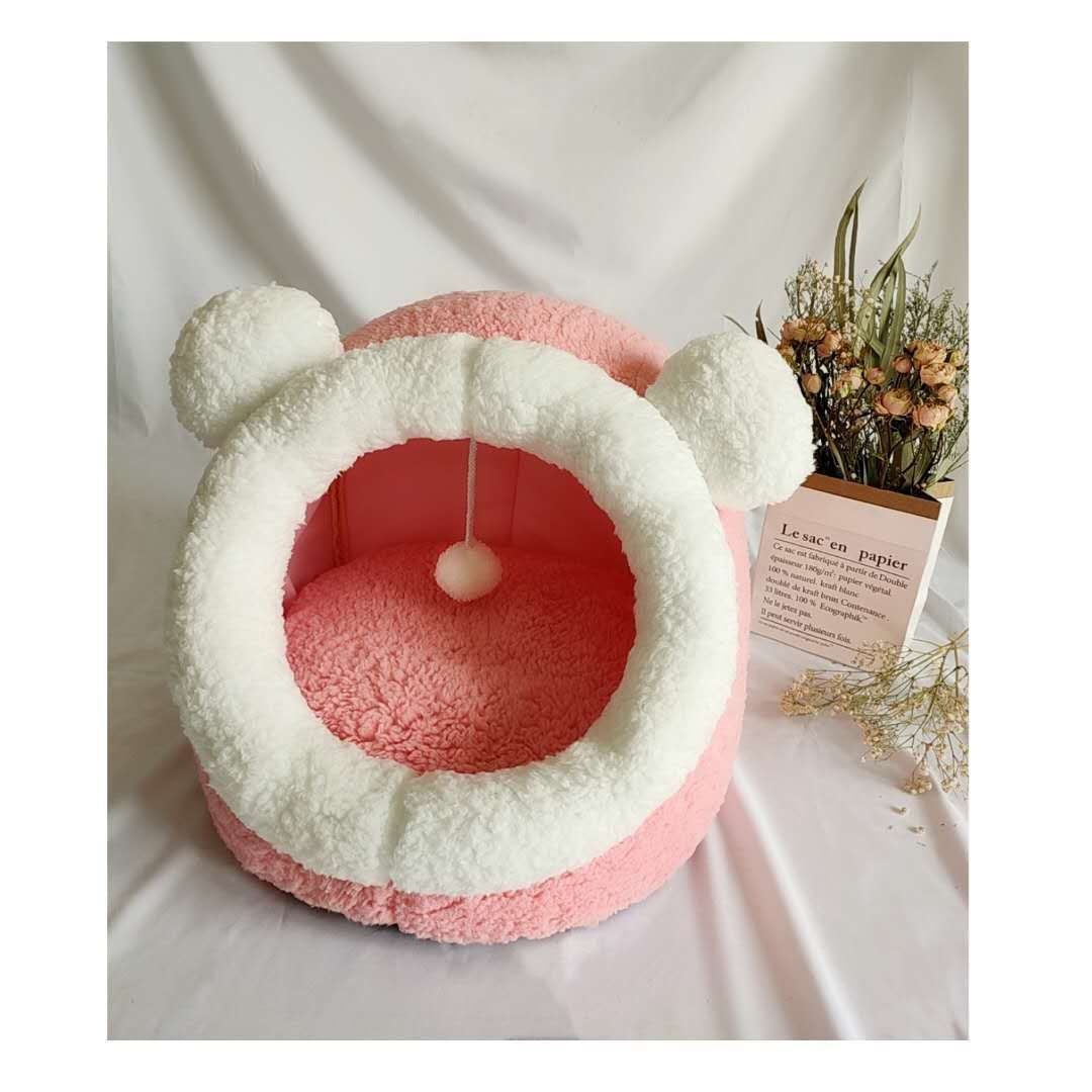 Foldable cat bed cave in soft PP cotton with a tabby kitten sleeping inside