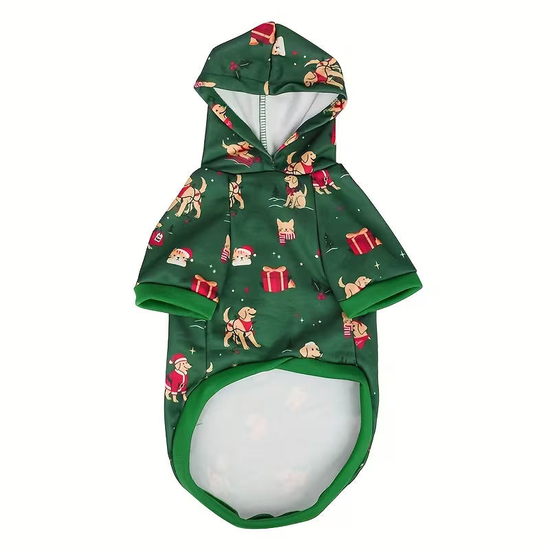 Dog Christmas hoodie in green color block on a dog during a winter walk