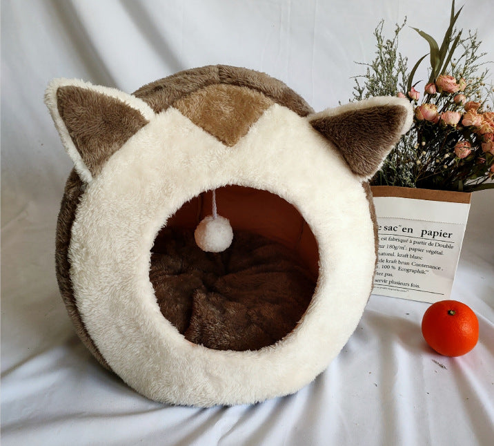 Foldable cat bed cave in soft PP cotton with a tabby kitten sleeping inside