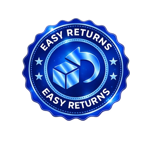 Blue circular trust badge featuring a delivery box and arrows icon with the text 'Easy Returns'.