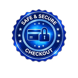 Blue circular trust badge featuring a credit card and padlock icon with the text 'Safe & Secure Checkout'