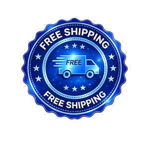 Blue circular trust badge featuring a delivery truck icon surrounded by stars and the text 'Free Shipping