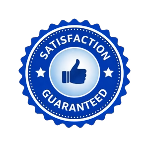 Blue circular trust badge featuring a thumbs-up icon surrounded by the text 'Satisfaction Guaranteed' and stars.
