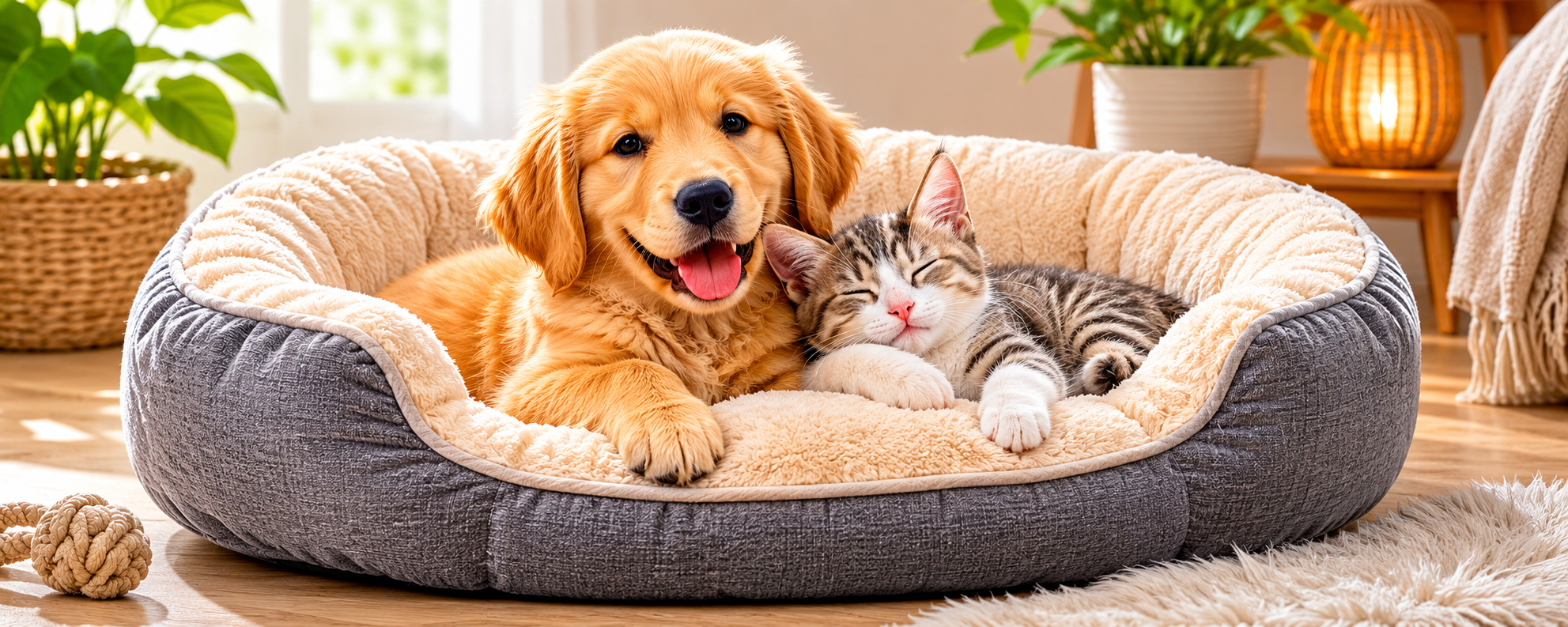 A fluffy golden retriever puppy and a striped tabby cat sleeping peacefully together inside a plush, round grey pet bed in a sunlit living room