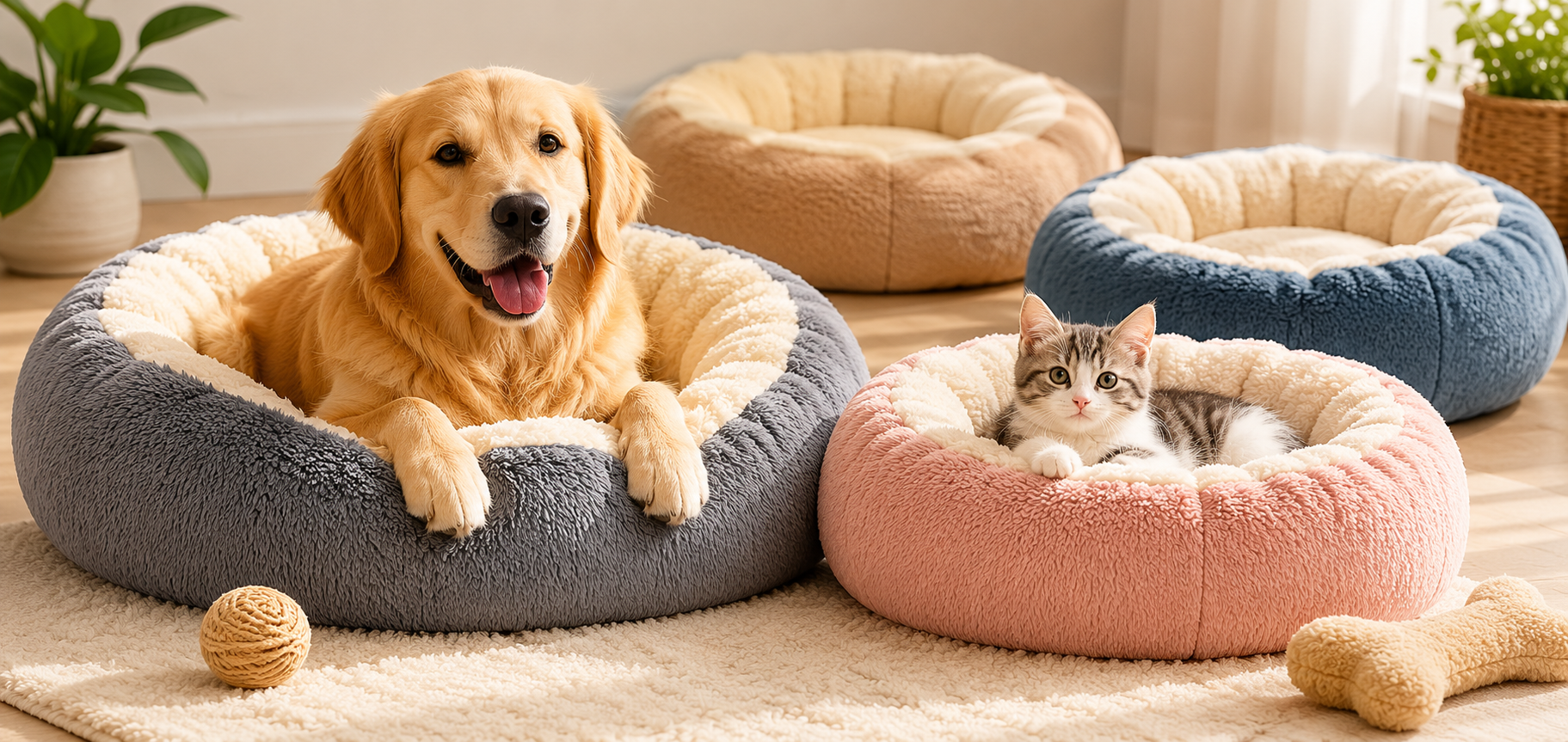 Golden Retriever and a tabby cat resting comfortably inside plush, round orthopedic pet beds on a soft rug.
