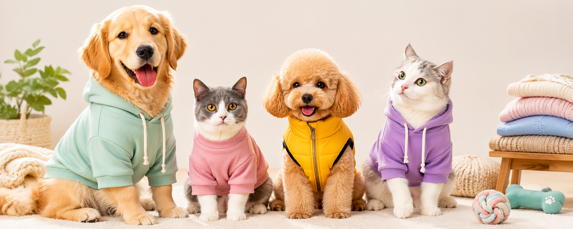 Golden Retriever, Poodle, and two cats wearing colorful hoodies sitting together next to stacked pet clothes.