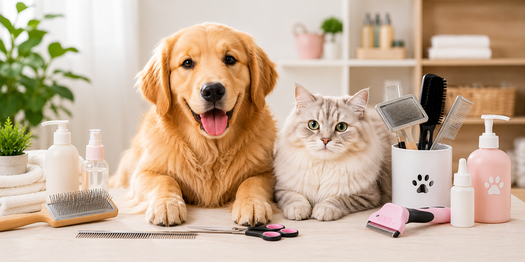 A fluffy golden retriever puppy and a striped tabby cat sleeping peacefully together inside a plush, round grey pet bed in a sunlit living room.
