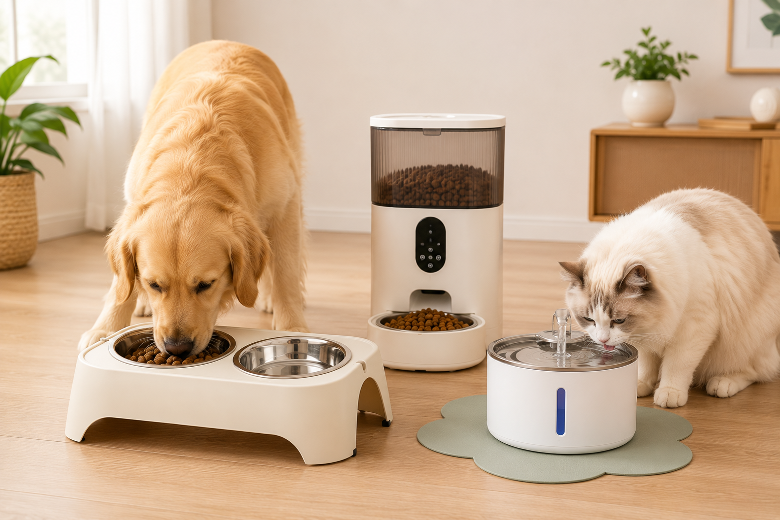 Golden Retriever eating from an elevated double bowl station next to a smart automatic pet feeder and a white cat drinking from a water fountain