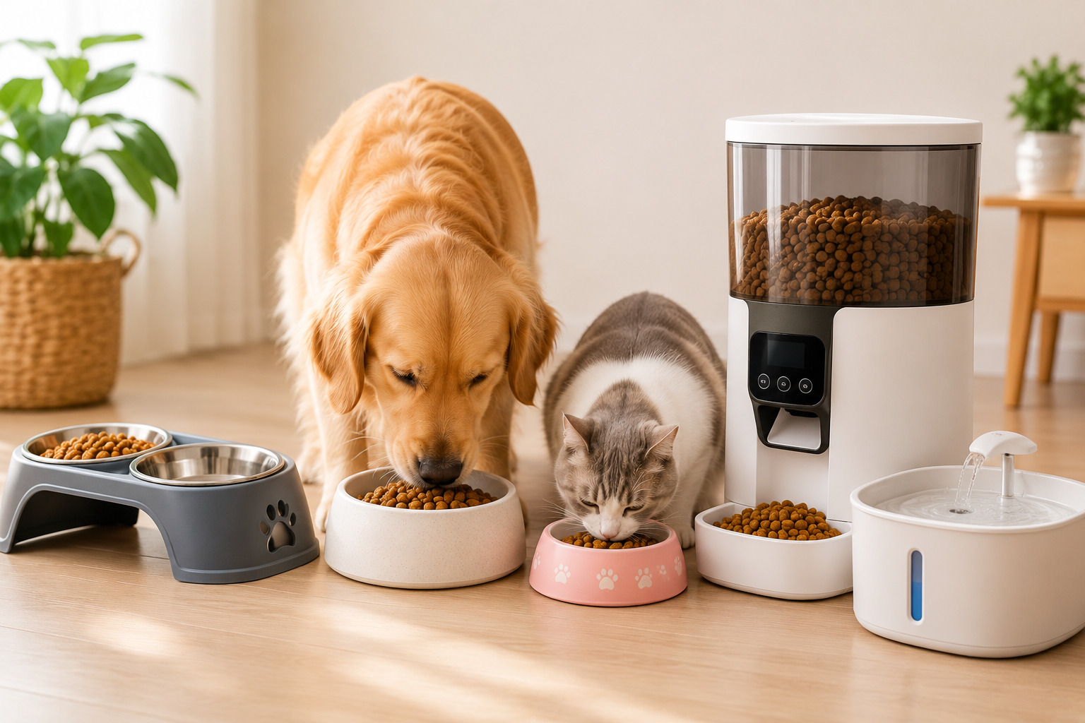 Golden Retriever and a grey tabby cat eating from elevated pet bowls next to a smart automatic food dispenser and a water fountain.