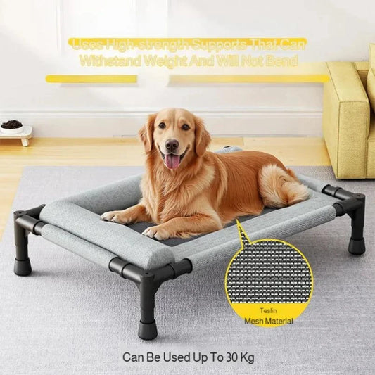 Elevated Cooling Dog Bed with a dog resting outdoors on patio