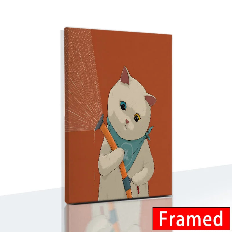Funny Cute Cat Framed Canvas Wall Art