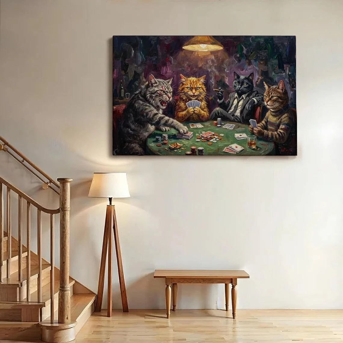 Cats Playing Cards Canvas Wall Art Print🐾 Whimsical Wall Art for Cat LoversBring fun and color to your home with our Cats Playing Cards Canvas Wall Art Print! Featuring playful neon cat illustrations, thiHappy PawsHappy PawsCats Playing Cards