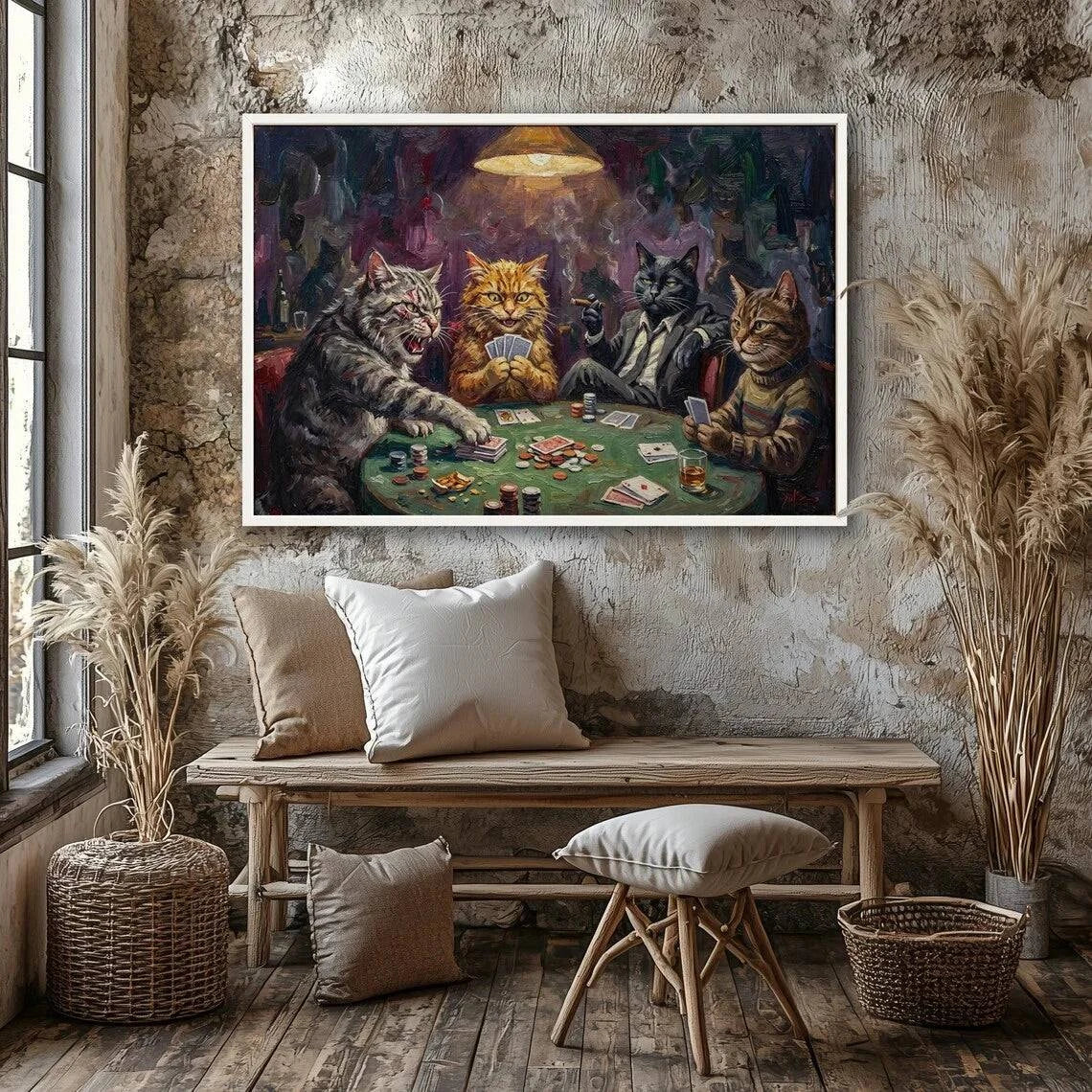 Cats Playing Cards Canvas Wall Art Print🐾 Whimsical Wall Art for Cat LoversBring fun and color to your home with our Cats Playing Cards Canvas Wall Art Print! Featuring playful neon cat illustrations, thiHappy PawsHappy PawsCats Playing Cards