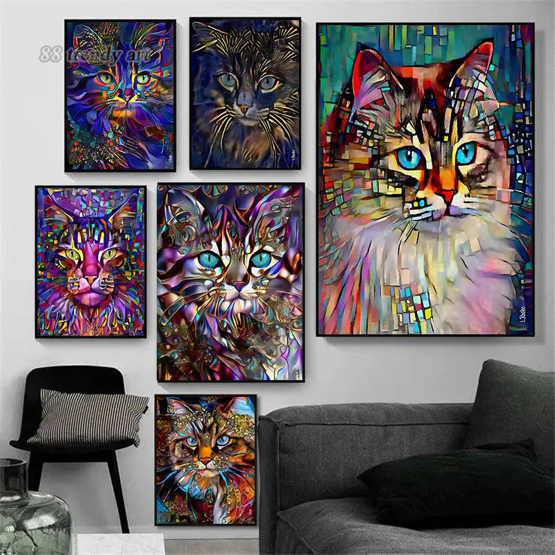 Abstract Colorful Pop Art Cat Canvas Wall Decor