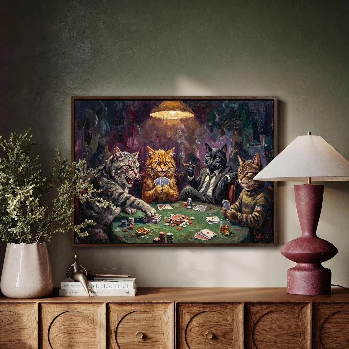 Cats Playing Cards Canvas Wall Art Print🐾 Whimsical Wall Art for Cat LoversBring fun and color to your home with our Cats Playing Cards Canvas Wall Art Print! Featuring playful neon cat illustrations, thiHappy PawsHappy PawsCats Playing Cards