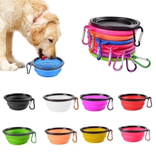 Collapsible silicone pets bowl in green, folded and expanded for portable pet feeding and hydration during travel and outdoor activities