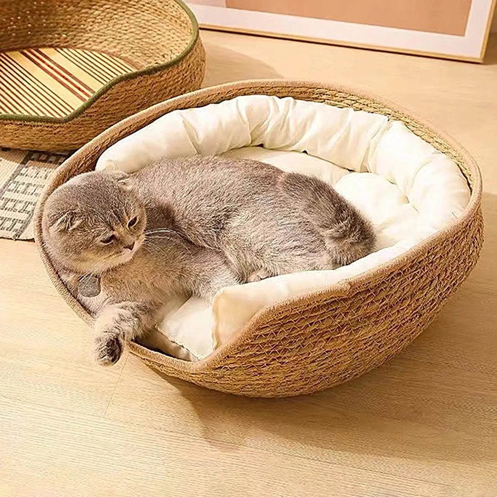 Bamboo woven pet bed sofa with removable cushion for cats and small dogs