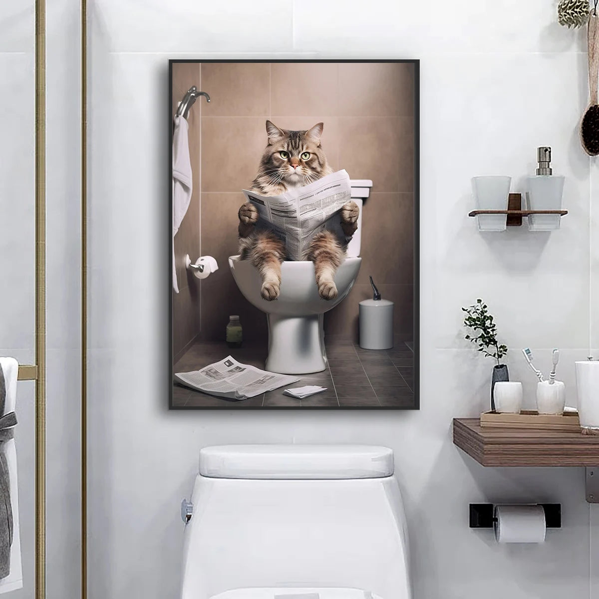 Funny Cat Canvas Wall Art for Bathroom Décor