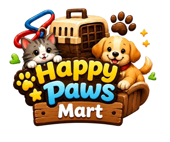 Happy Paws Mart logo featuring a cute cartoon kitten and puppy next to a pet travel carrier and paw prints.