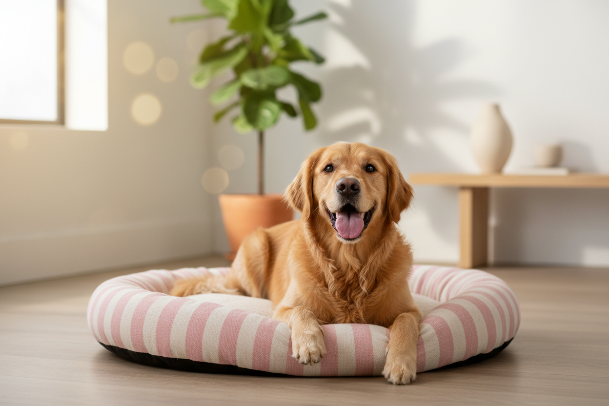 A happy, smiling golden retriever dog sitting comfortably inside a pink and white striped round pet bed in a bright, modern living room with a houseplant in the background.