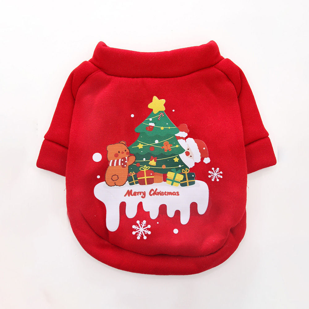 Dog Christmas crew neck sweater in red with Christmas tree design worn by a small dog