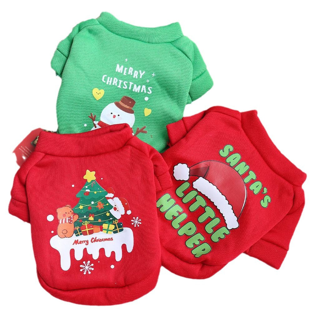 Dog Christmas crew neck sweater in red with Christmas tree design worn by a small dog