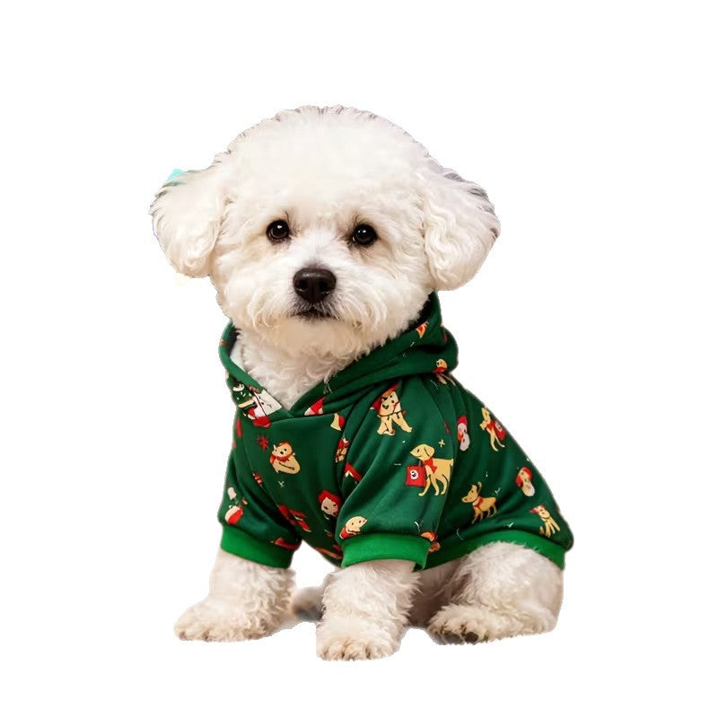 Dog Christmas hoodie in green color block on a dog during a winter walk