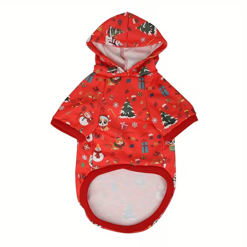 Dog Christmas hoodie in green color block on a dog during a winter walk